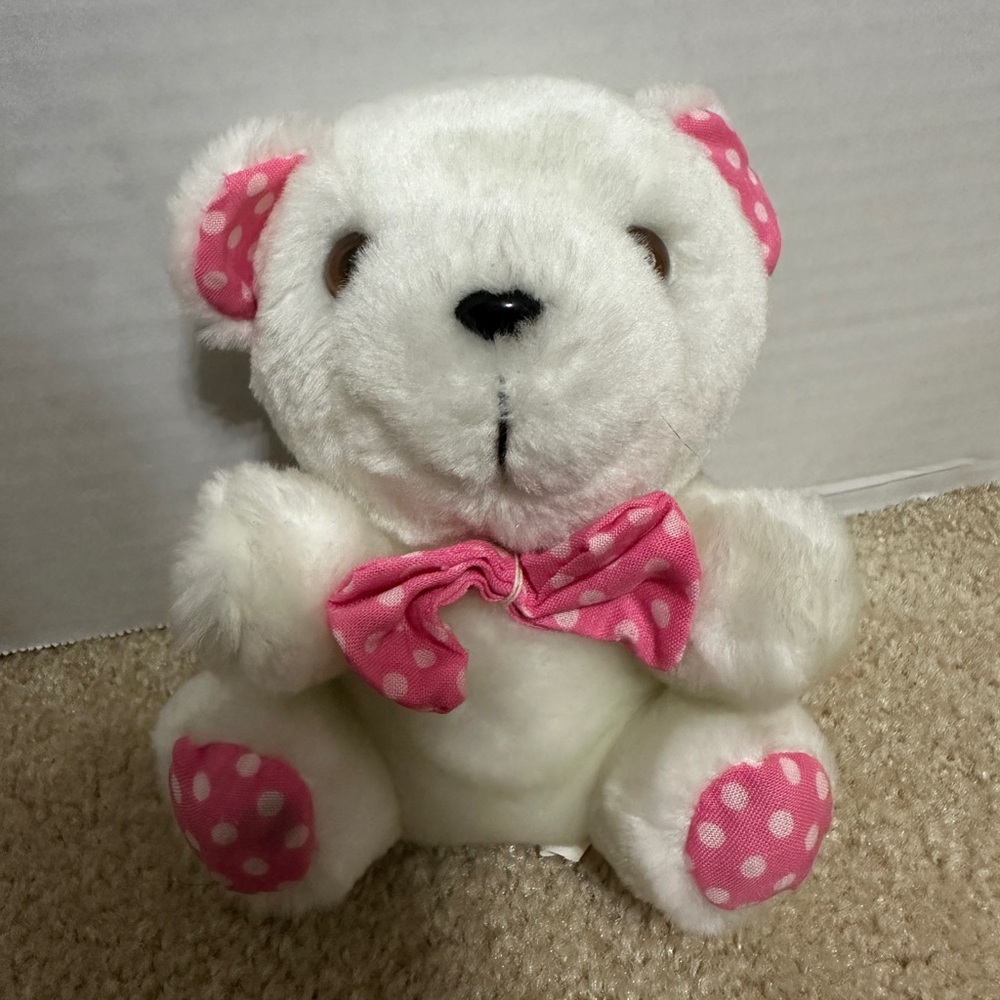 Vintage Cloud 9 Small Vintage  White Teddy Bear Pink Polka Dot Feet & Bow 6”